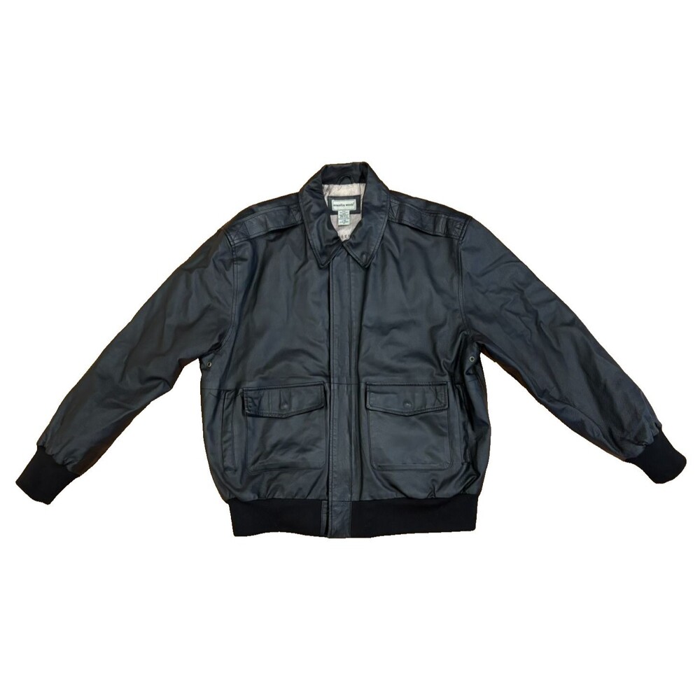 Scandia Woods Leather Jacket Men's Large Black Bomber Map Print Lining Vintage